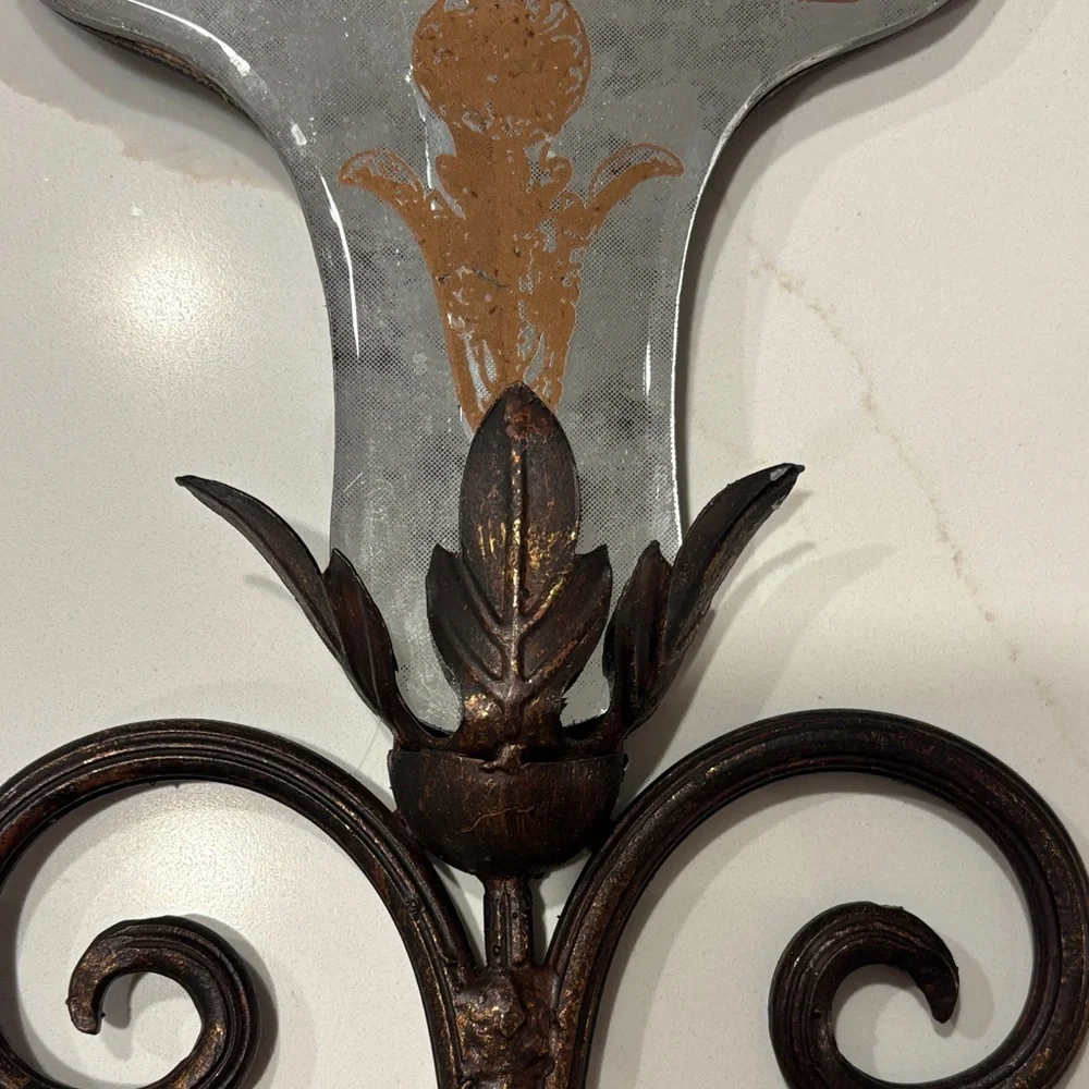 Vintage-Style Mercury Glass w Gold Design, Bronze Wall Plaque with 2 Hooks…17x7